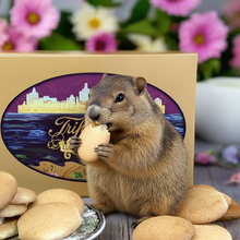 Load image into Gallery viewer, Ground hog with cookies in front of a Tripician's Macaroons gift box card with a cityscape design, surrounded by flowers and tea cups and macaroons by his feet.