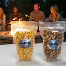 Load image into Gallery viewer, Caraeml and cheddar resealable upright bags people toasting marshmallows around a firepit