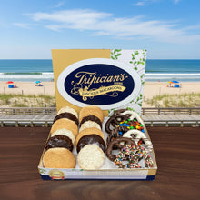 Load image into Gallery viewer, Box of assorted macaroons with chocolate covered pretzels branded with Tripician's logo