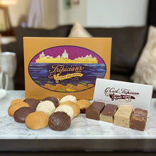 Load image into Gallery viewer, A box of assorted macaroons and fudge pieces on a table, with packaging that mentions 'Tripicians and the Jersey Shore.