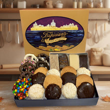 Load image into Gallery viewer, Box of assorted Macaroons, fudge and chocolate covered pretzels with a Tripician's box on a white surface