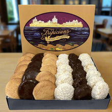 Load image into Gallery viewer, Box of assorted macaroons with a Tripician's logo on a blurred background