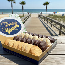 Load image into Gallery viewer, A two-dozen sampler variety of macaroons from tripician's to include almond, coconut, chocolate covered of each in an open box display