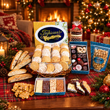 Load image into Gallery viewer, Gift Basket of Tripician branded macaroons, biscotti, fudge, chocolates, , caramel popcorn, brownies, chocolate pretzels