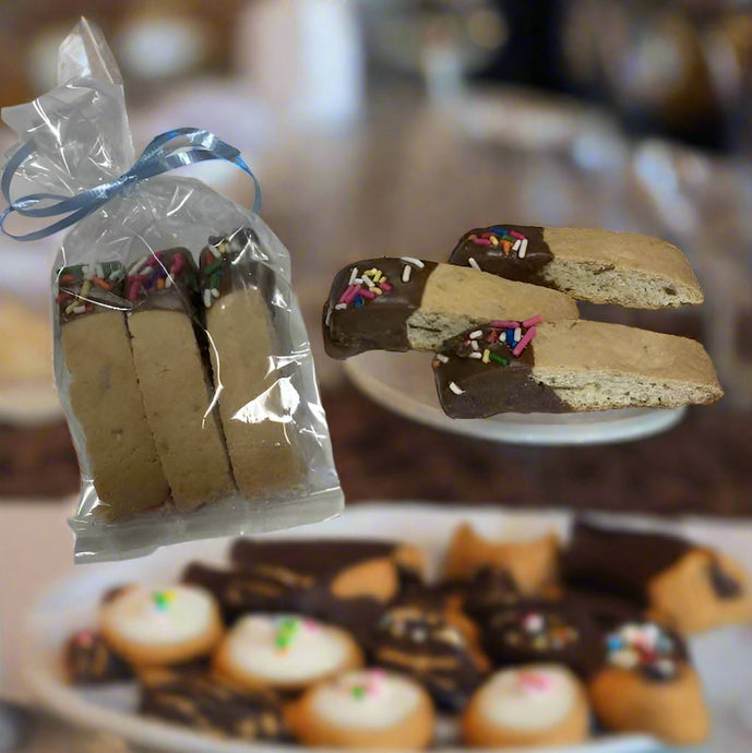 Crisp mini Amaretto & Almond Chocolate Dipped Biscotti for your next Get-Together