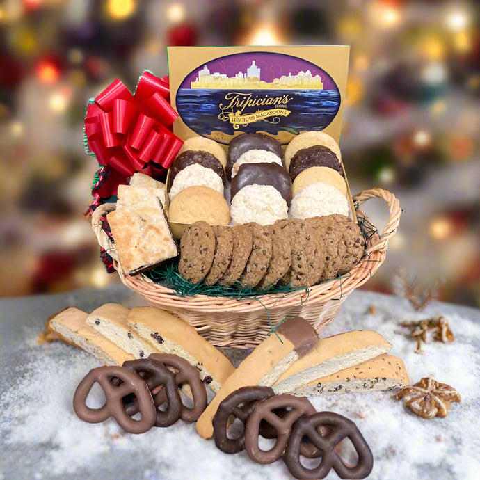 Basket of assorted cookies and pretzels with a Tripicians package on a blue background