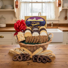 Load image into Gallery viewer, Gift basket of macaroons, cookies, biscotti, brownies nad chocolate pretzels branded by Tripicians
