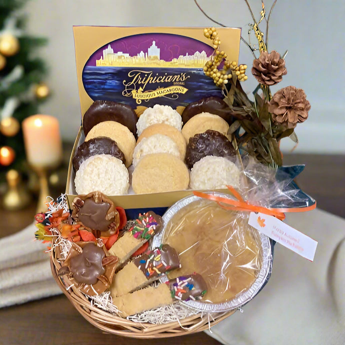 Macaroons, biscotti, pecan caramel turtles and pumpkin pie fudge tin gift basket
