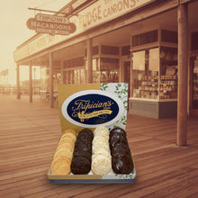 Load image into Gallery viewer, A two-dozen gift box of Tripican's brand of assorted almond and coconut macaroons in an open box

