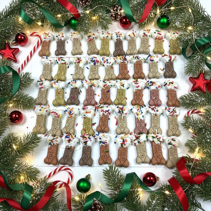 Dog treats shaped like bones with white icing and colorful sprinkles on a white background